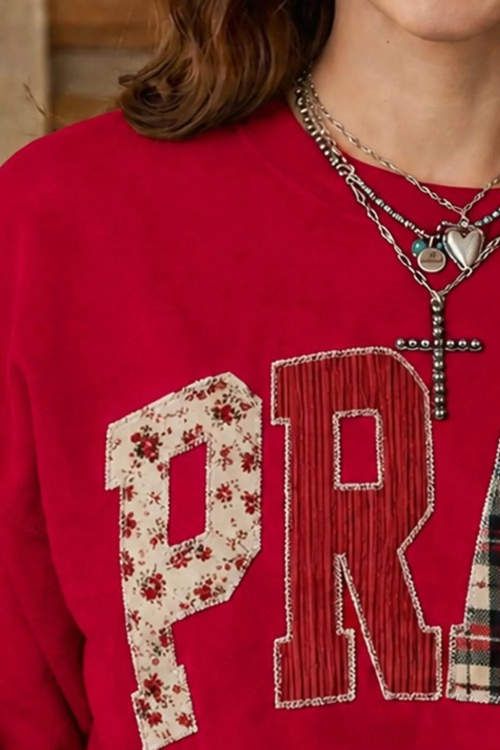 Women's floral buffalo plaid striped embroidered patch western sweatshirt