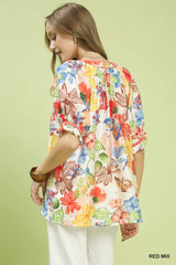 Trendsi Umgee Watercolor Floral Print Top with High-Low Hem -