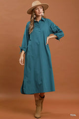 Trendsi Umgee Collared Button Detail Relaxed Midi Dress -