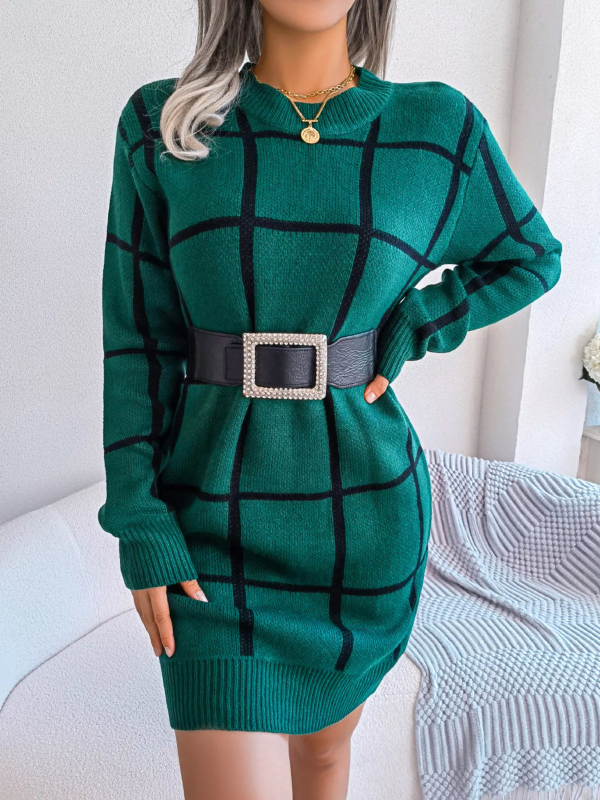 Green windowpane long-sleeve sweater dress, belted front view.