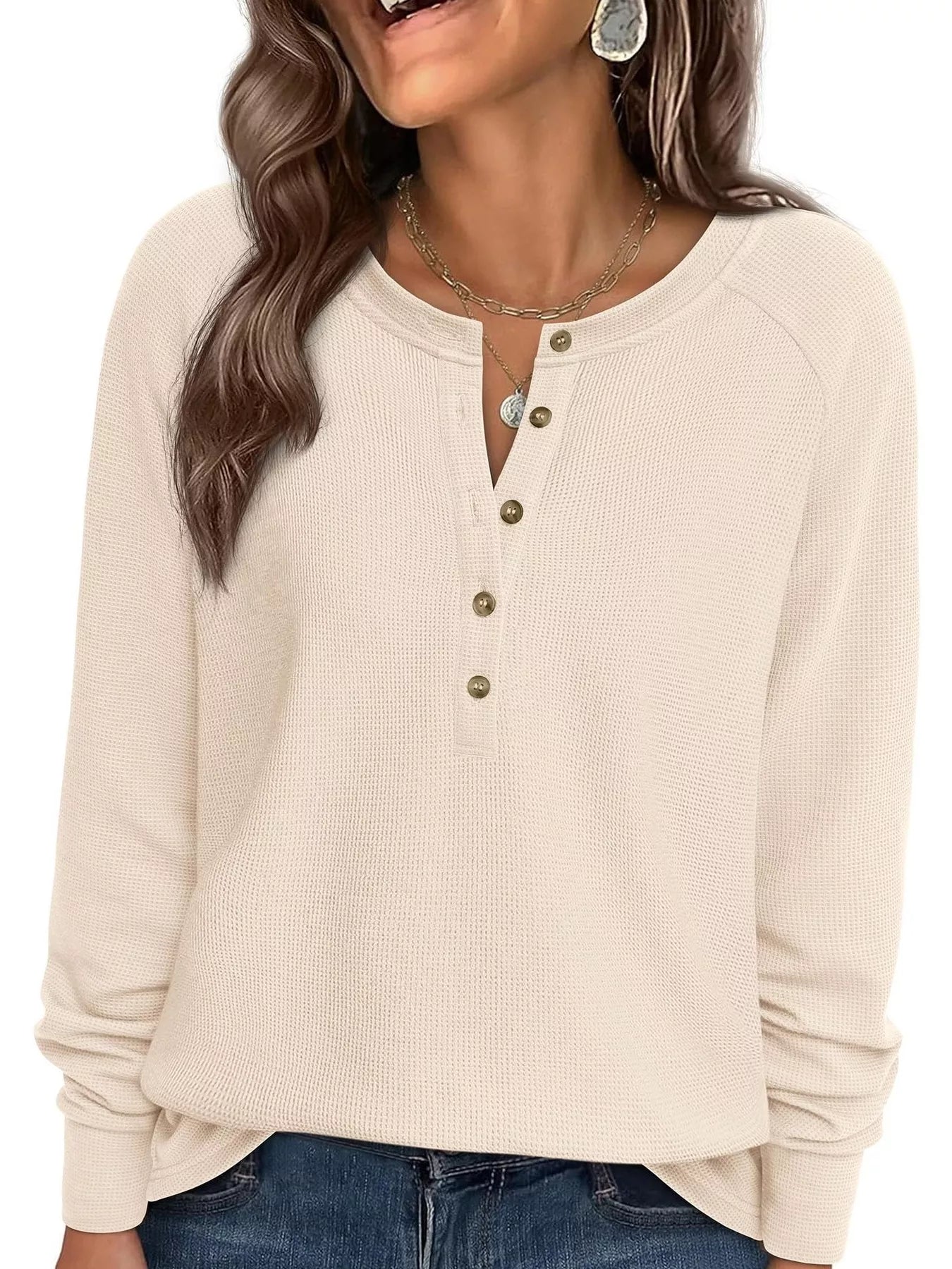 Trendsi Waffle Knit Henley Long Sleeve T-Shirt -