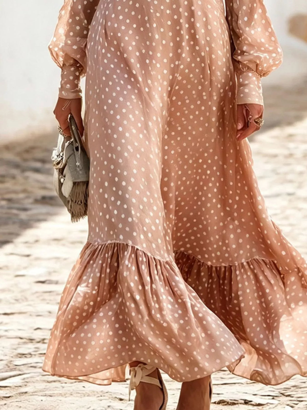 Polka-dot ruffle v-neck maxi dress