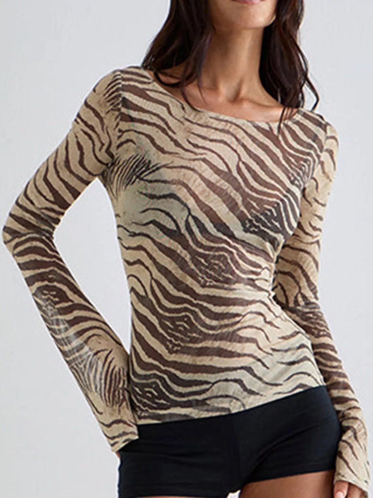Boat neck long sleeve t-shirt, front view on model