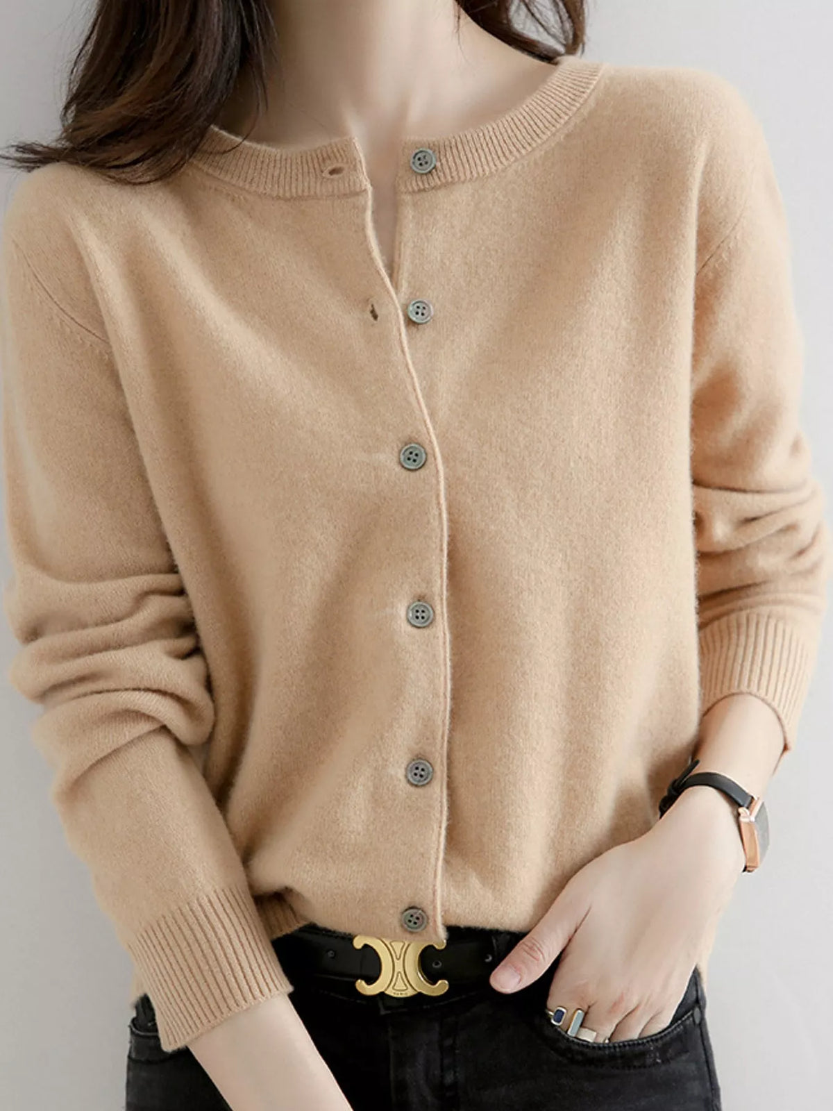 Button-down cardigan, tan button front