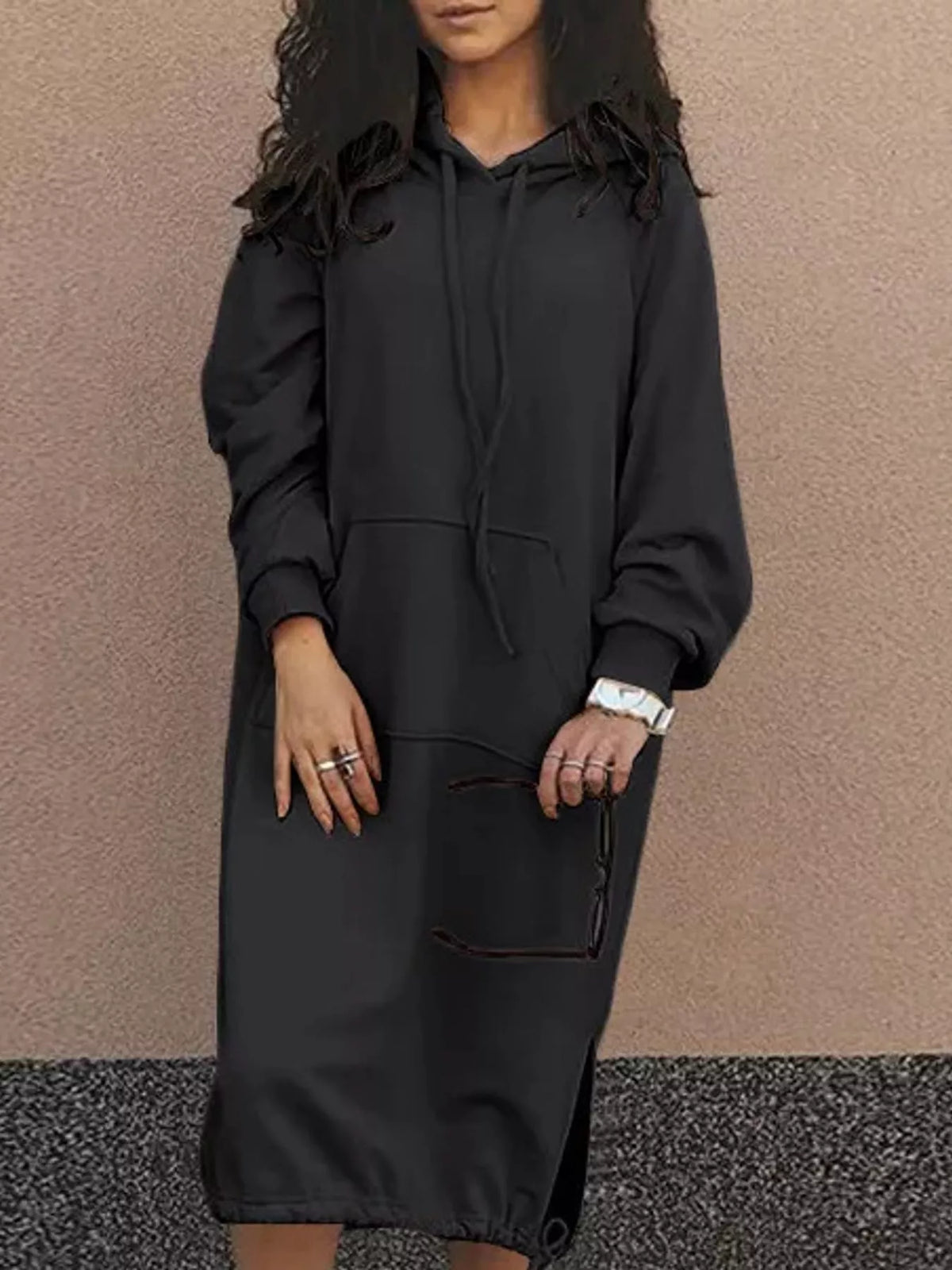 Black hooded sweatshirt midi dress with drawstring hem, front view