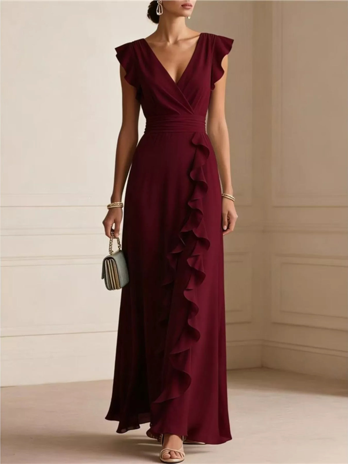 Women's Ruffled Surplice Maxi Dress in Burgundy, front view
