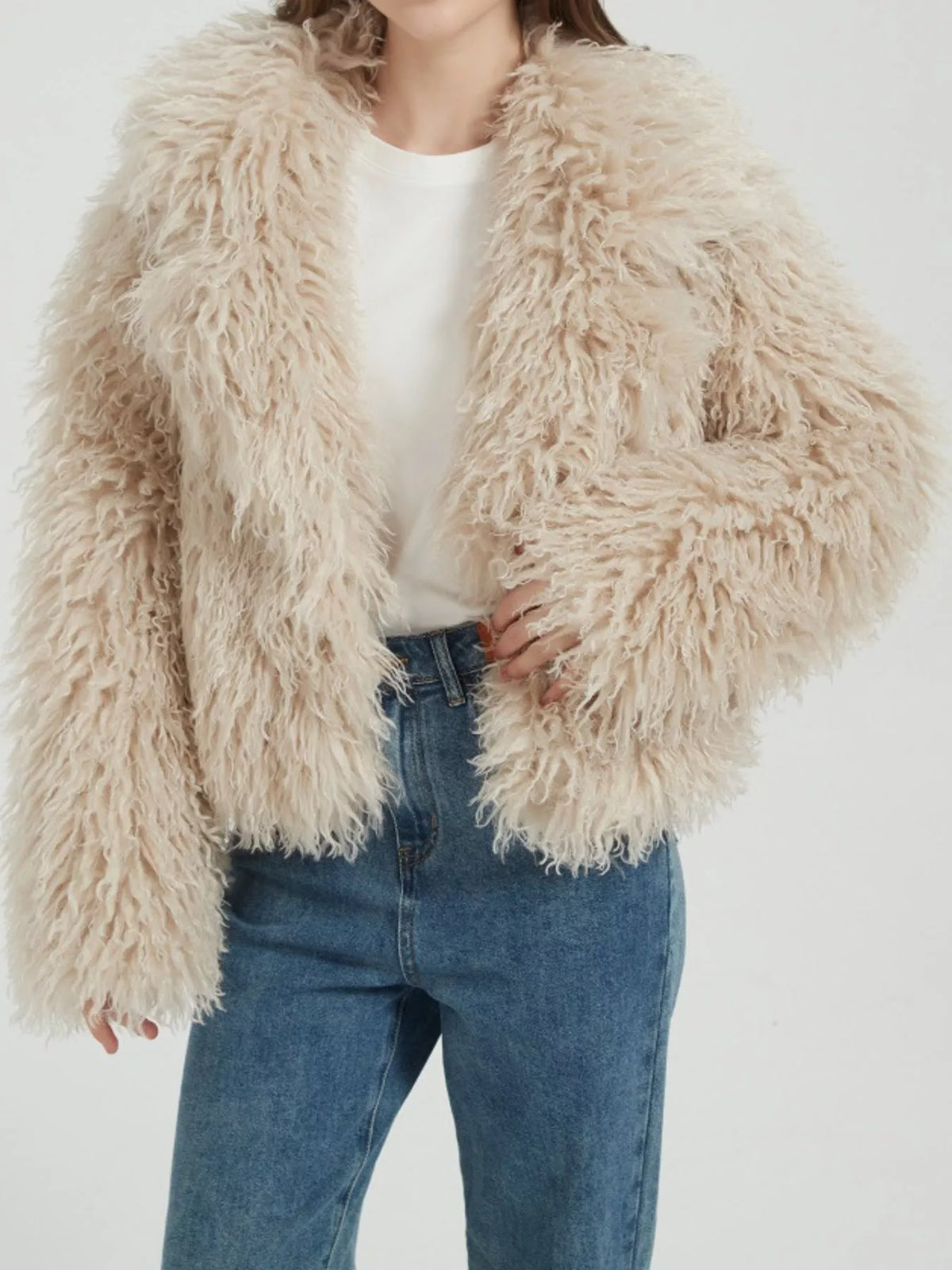 Collared long sleeve jacket, front view on model