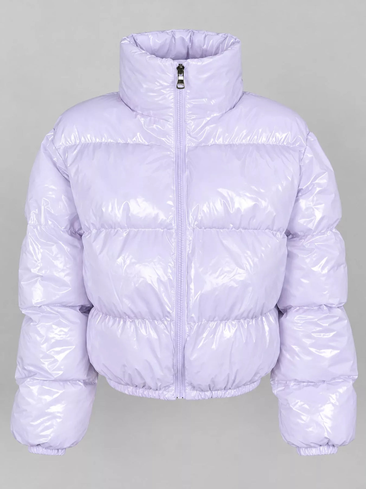 Glossy Stand-Collar Zip-Up Puffer Jacket — garment front