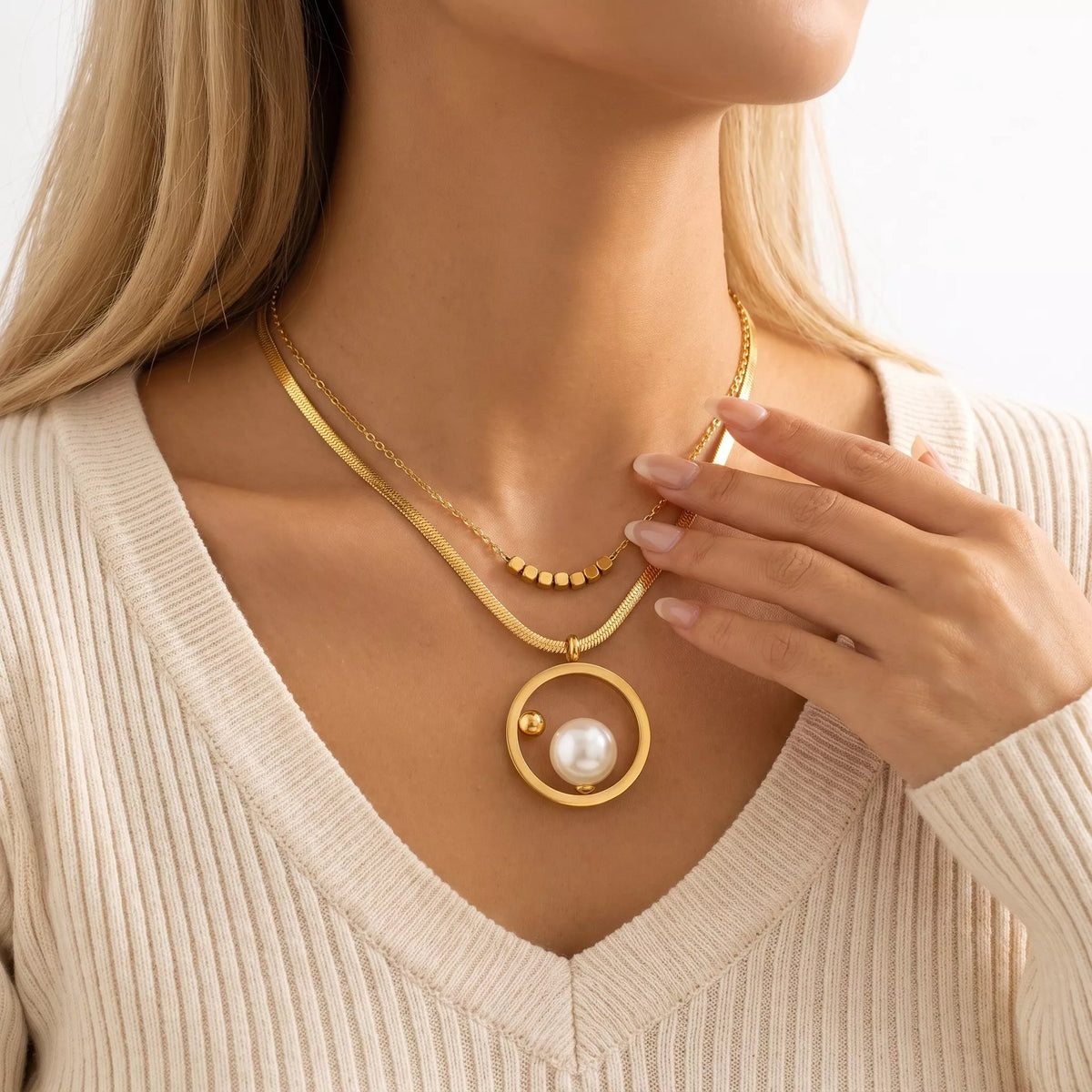 Synthetic Pearl Jewelry Set, shown worn
