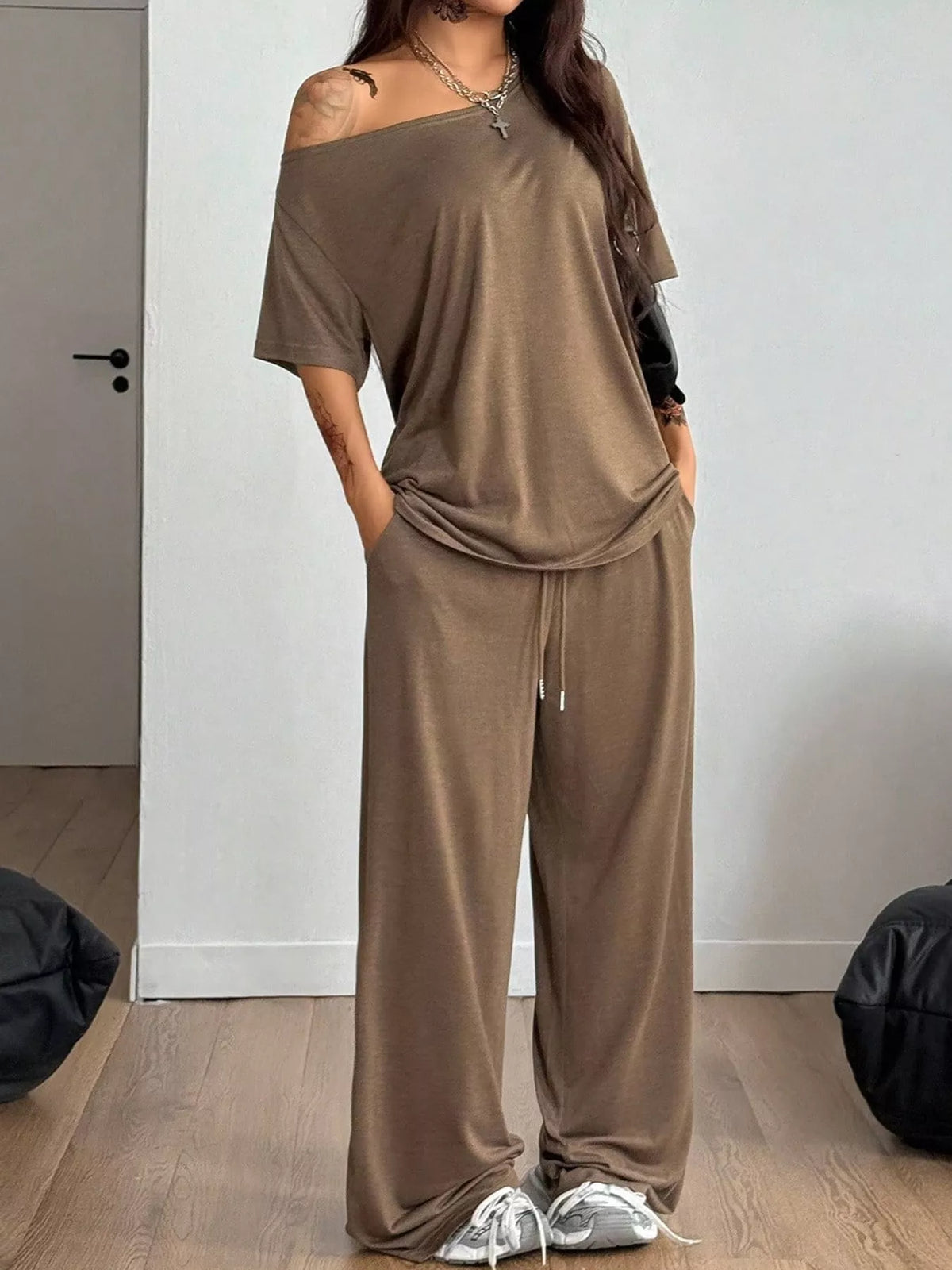 Brown boat neck top and wide-leg pants set — back view