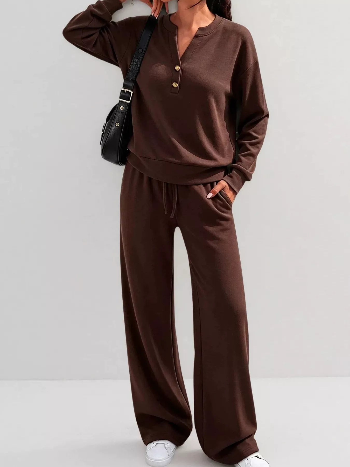 Button-detail dropped-shoulder top and pants set