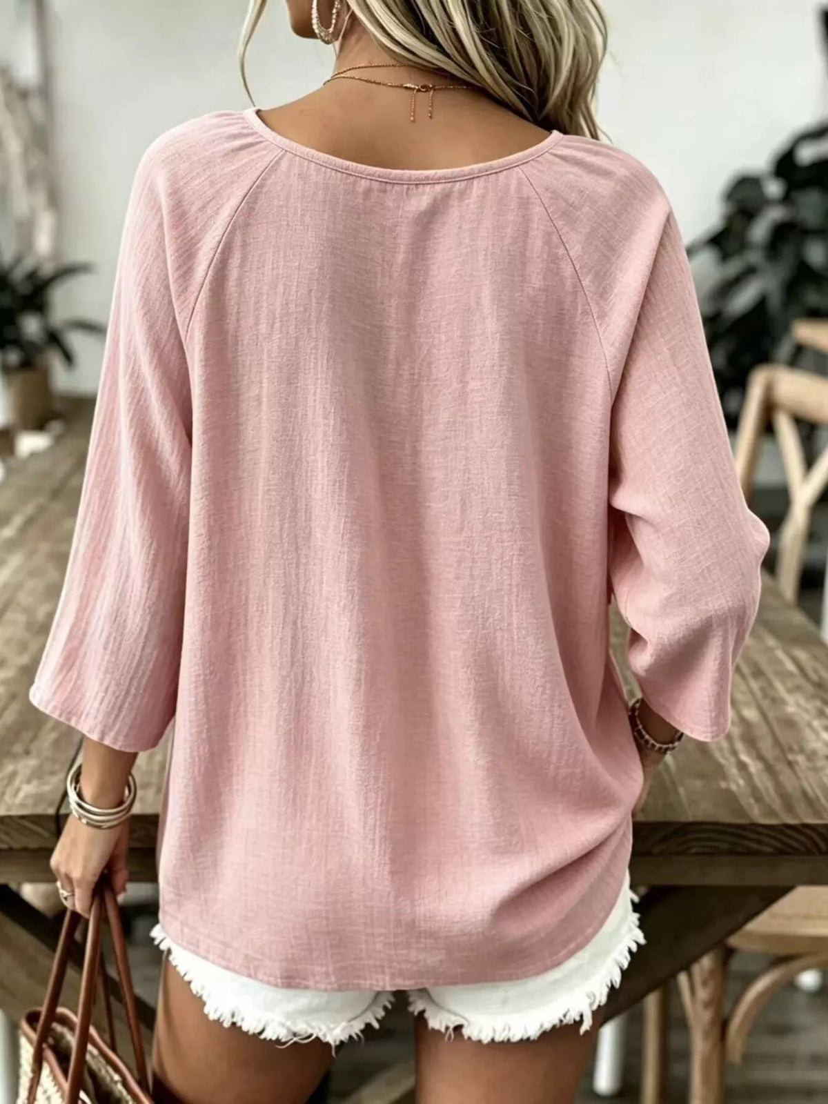 Textured V-Neck Casual T-Shirt, back view