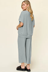 Trendsi Double Take Full Size Texture Round Neck Short Sleeve T-Shirt and Wide Leg Pants -