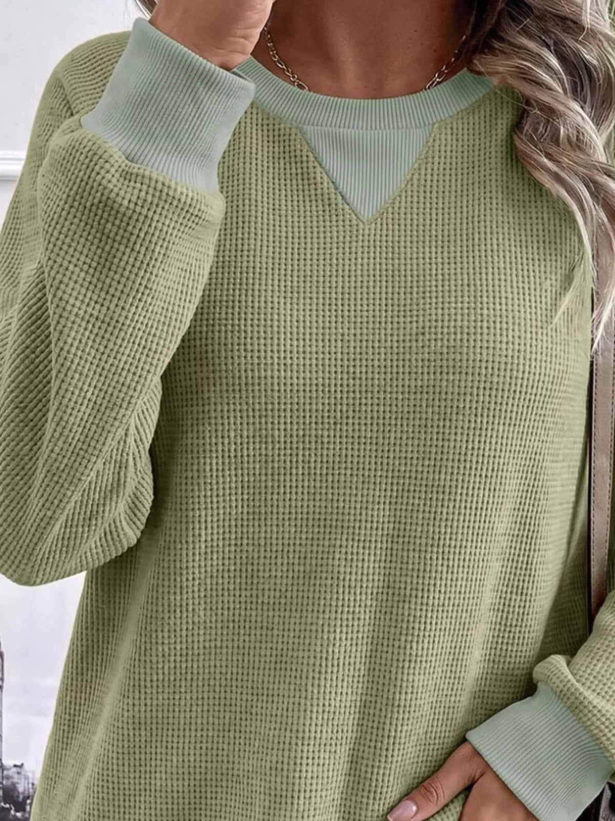 Trendsi Waffle Knit Crew Neck Long Sleeve Sweatshirt -