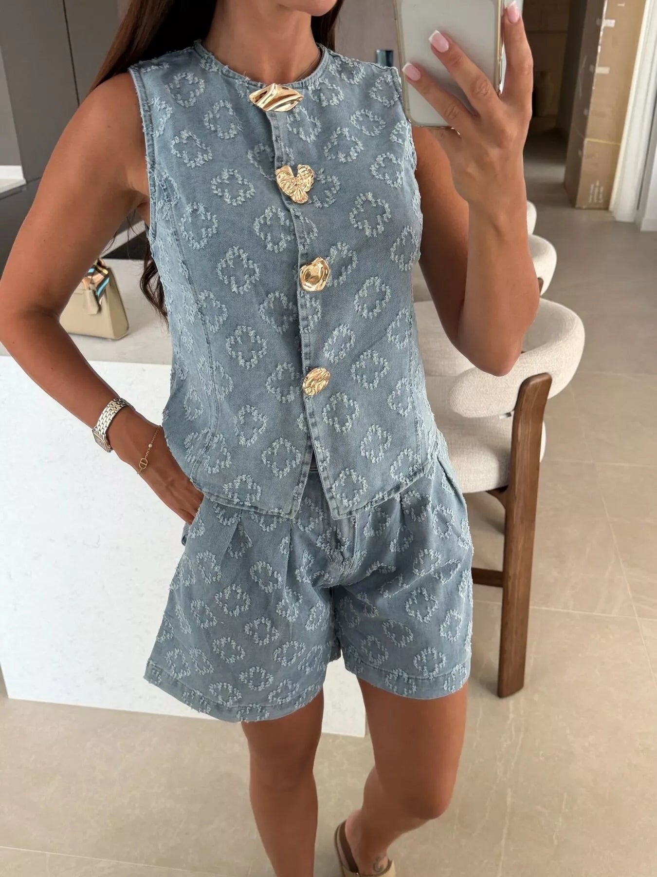 Trendsi Embossed Vest and Shorts Denim Set with Gold-Tone Buttons -