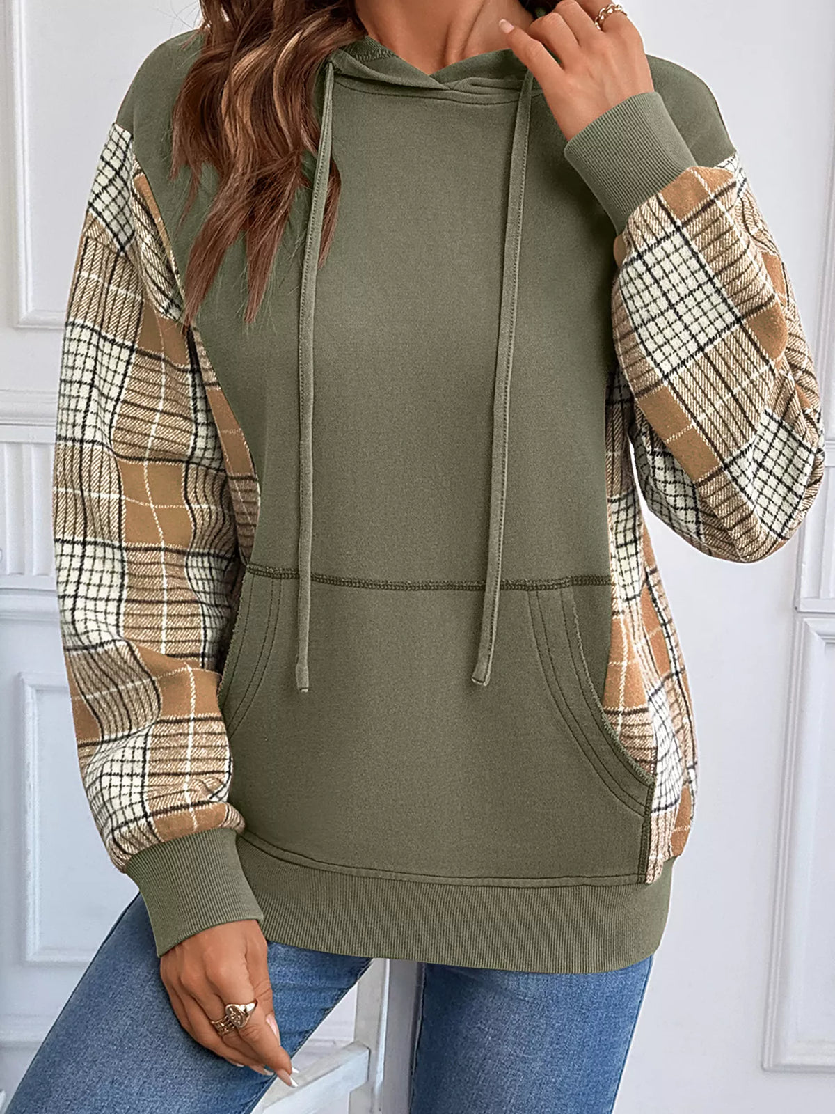 Plaid-sleeve hoodie, olive angled front