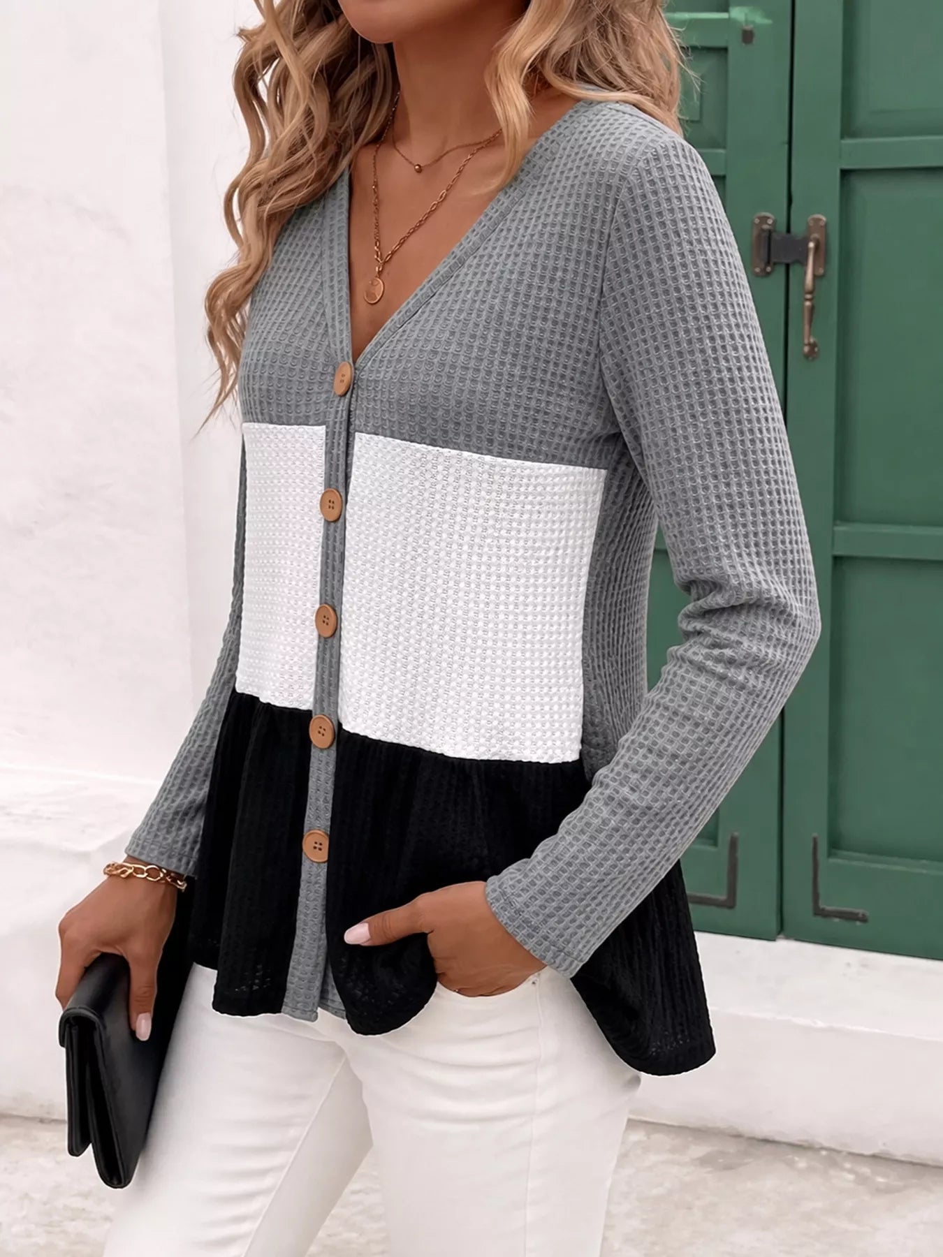 Trendsi Color Block Waffle Knit Button-Down Cardigan -