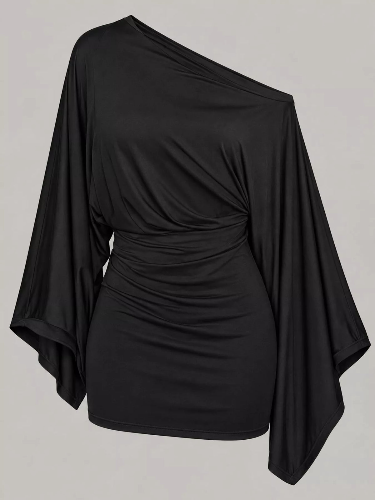 Women's One-Shoulder Draped Bodycon Mini Dress in black — flat lay view