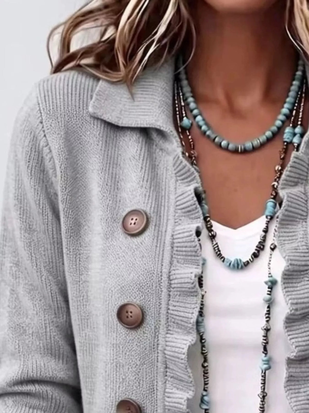 Ruffle-trim button-front cardigan