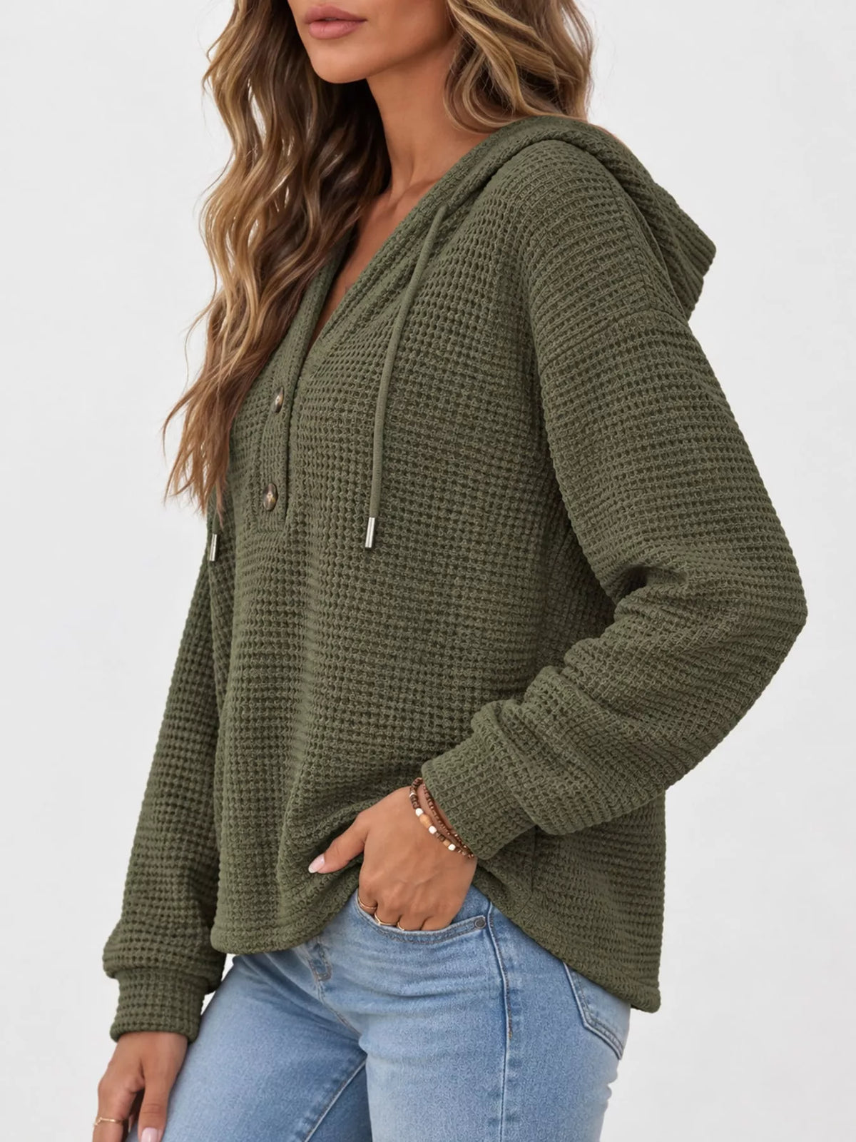 Olive waffle knit button-detail hoodie, side view