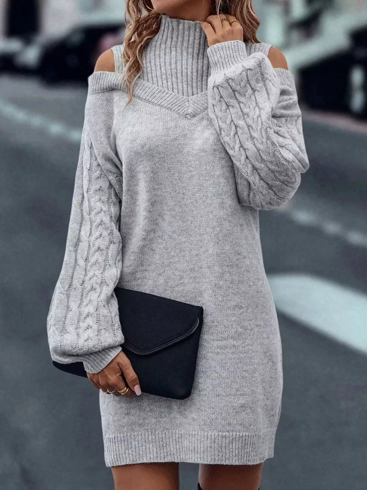 Gray cold shoulder cable knit mock neck sweater dress, front view