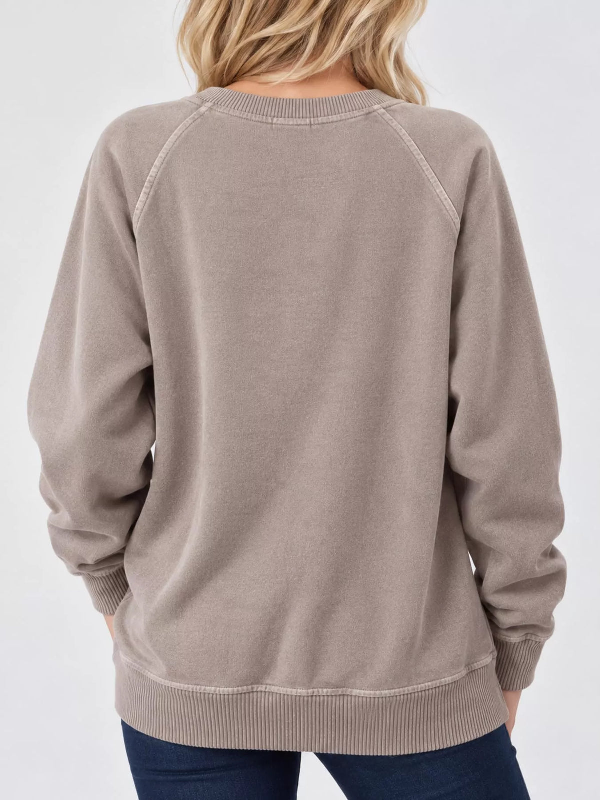 Taupe crew neck raglan sleeve sweatshirt, back view