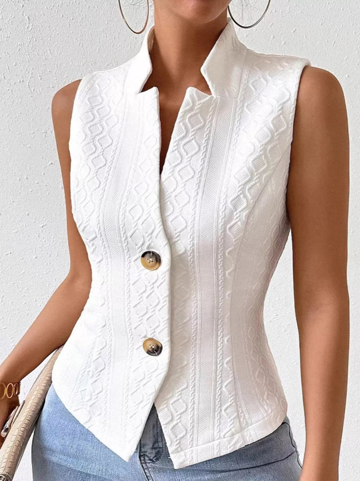 Textured Button-Down Vest in white, front view
