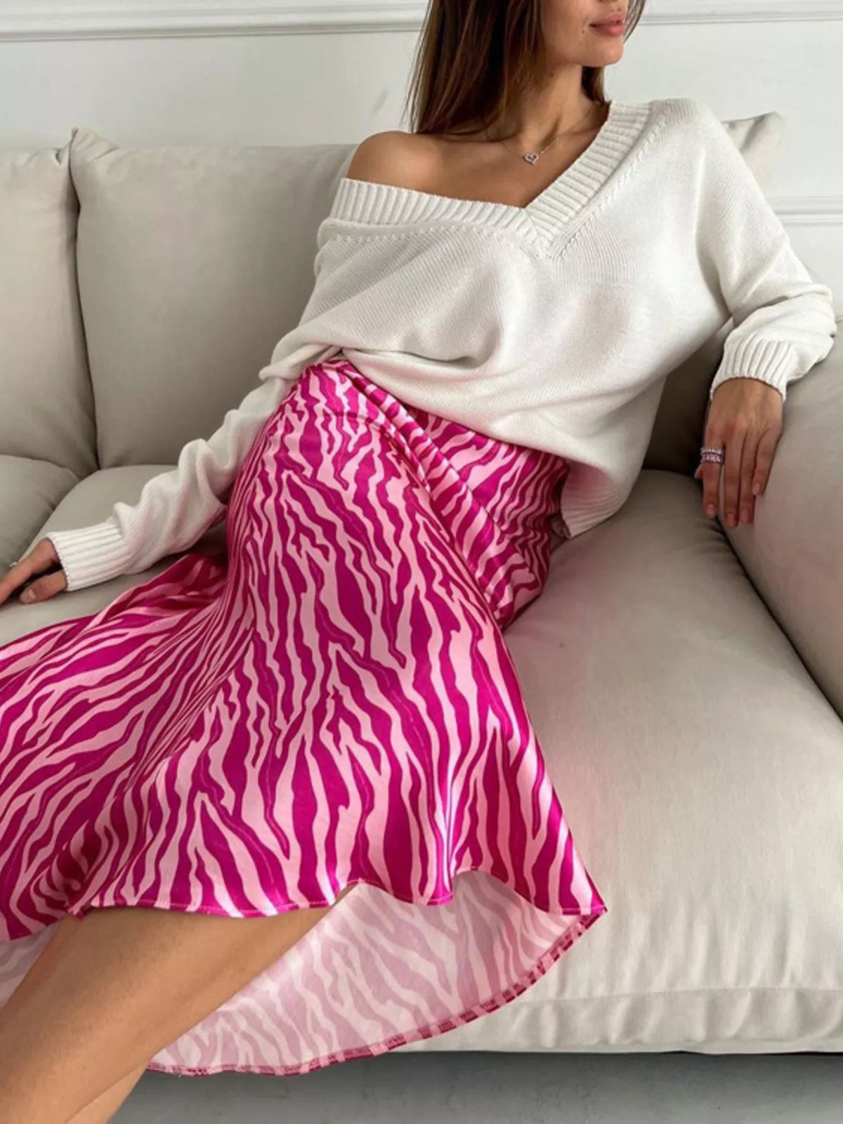 Trendsi Satin Zebra Print Midi Skirt -