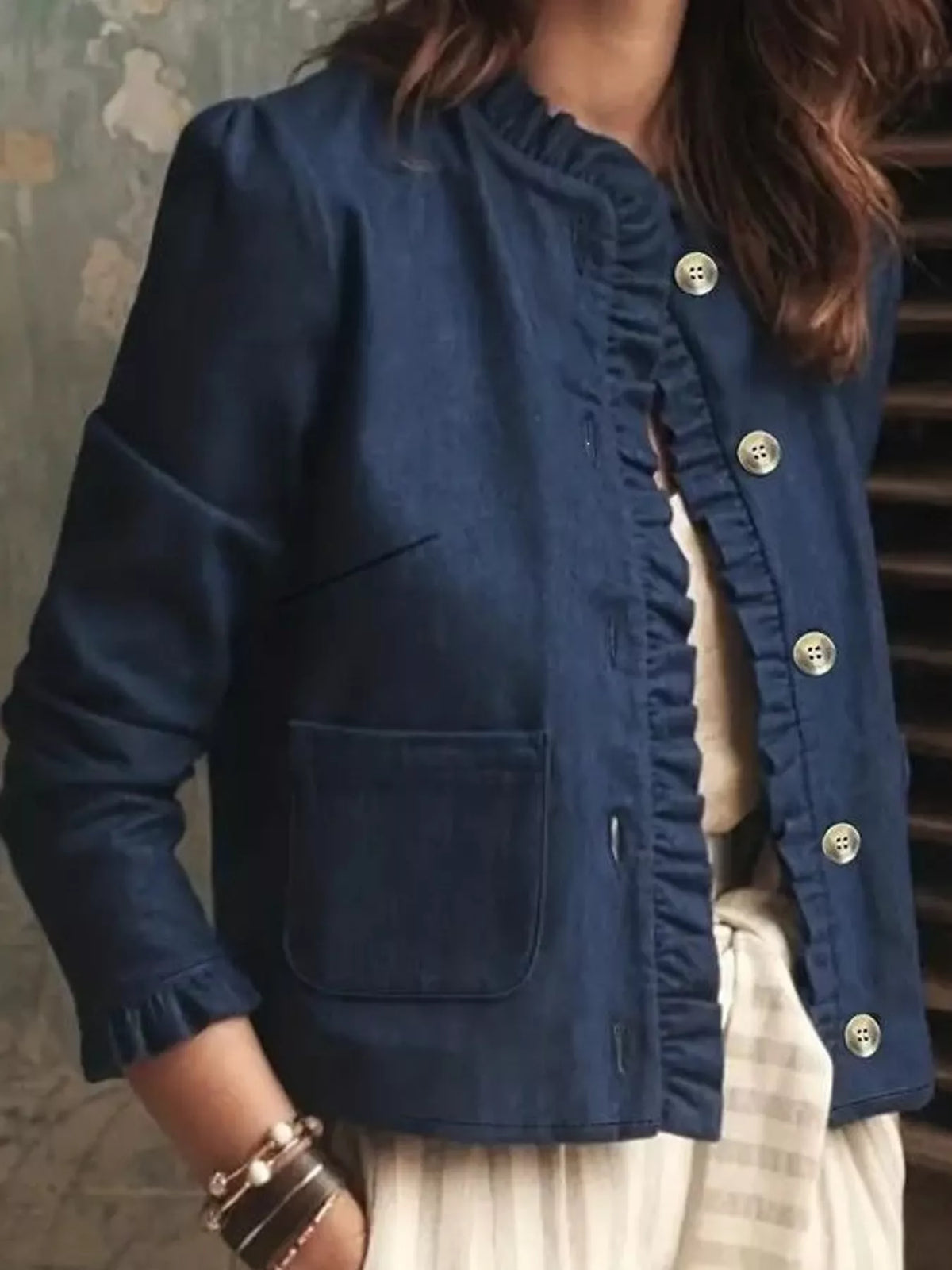 Ruffle-Trim Button-Up Denim Jacket — front view