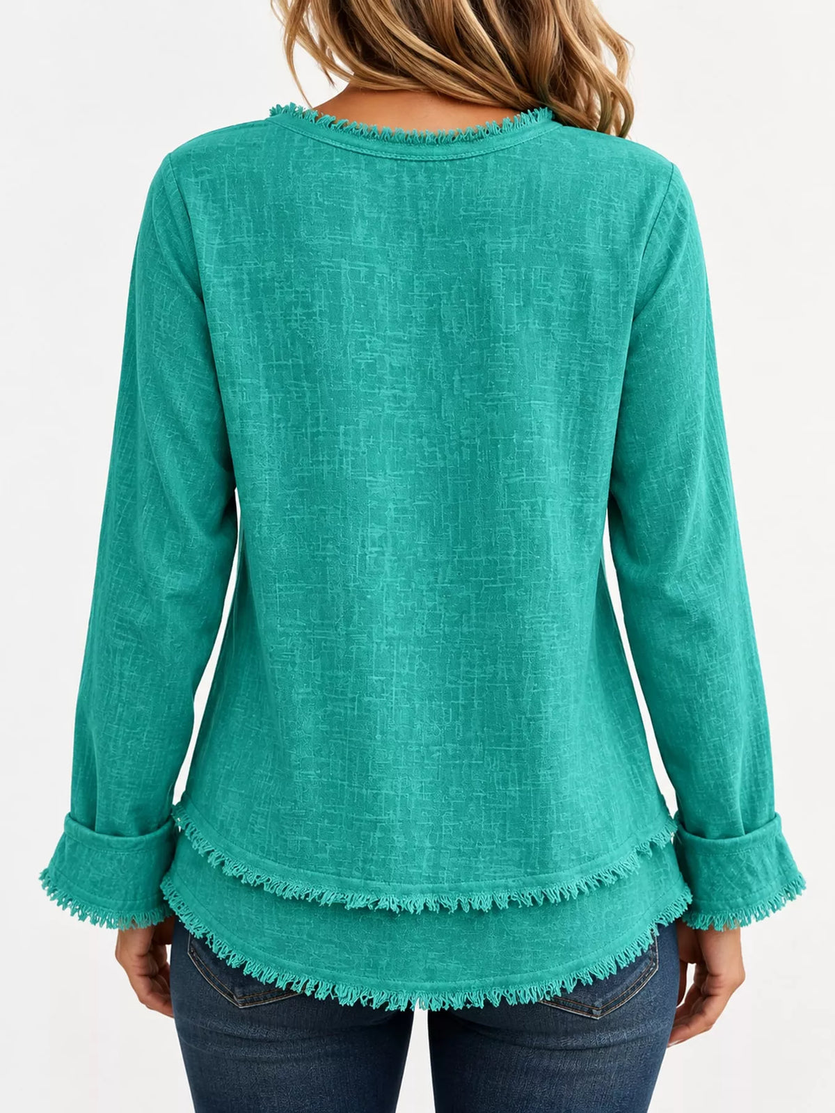 Frayed V-neck blouse, teal back