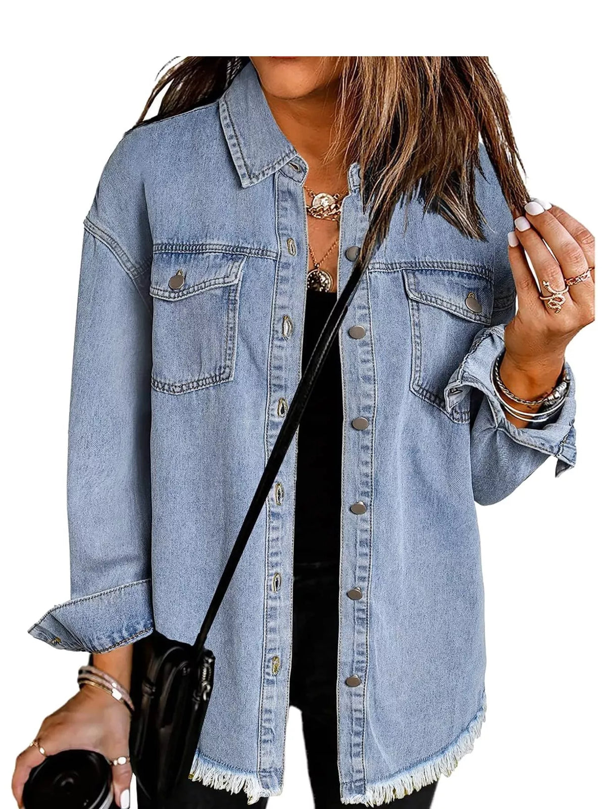 Blue raw hem button-up denim jacket — front view
