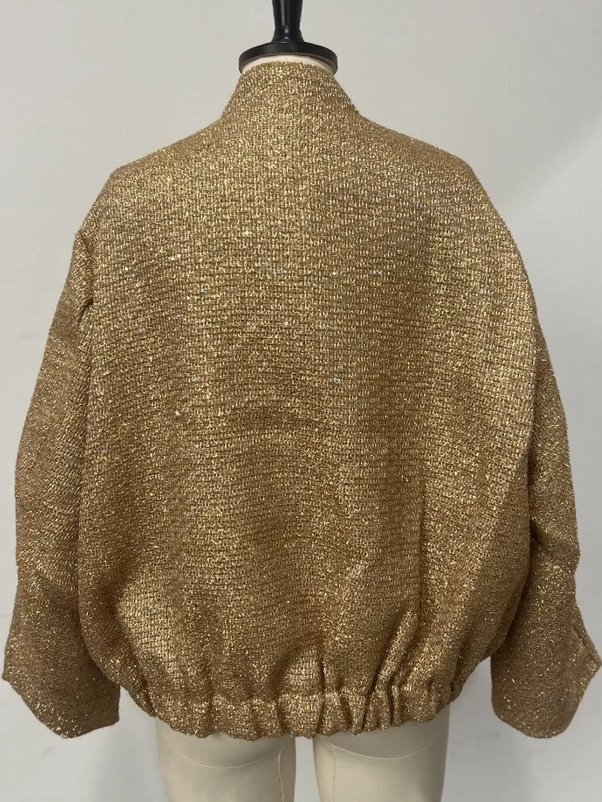 Gold tweed textured long sleeve jacket — back view