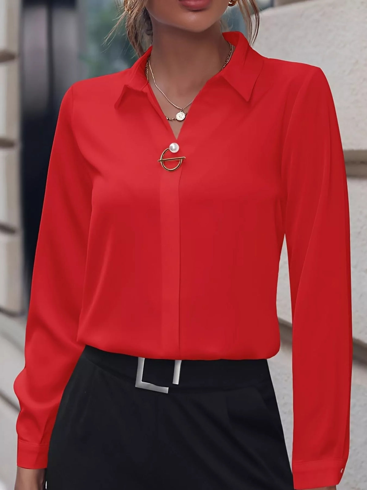 Women's Collared Clasp Detail Long Sleeve Satin Blouse in red — front view