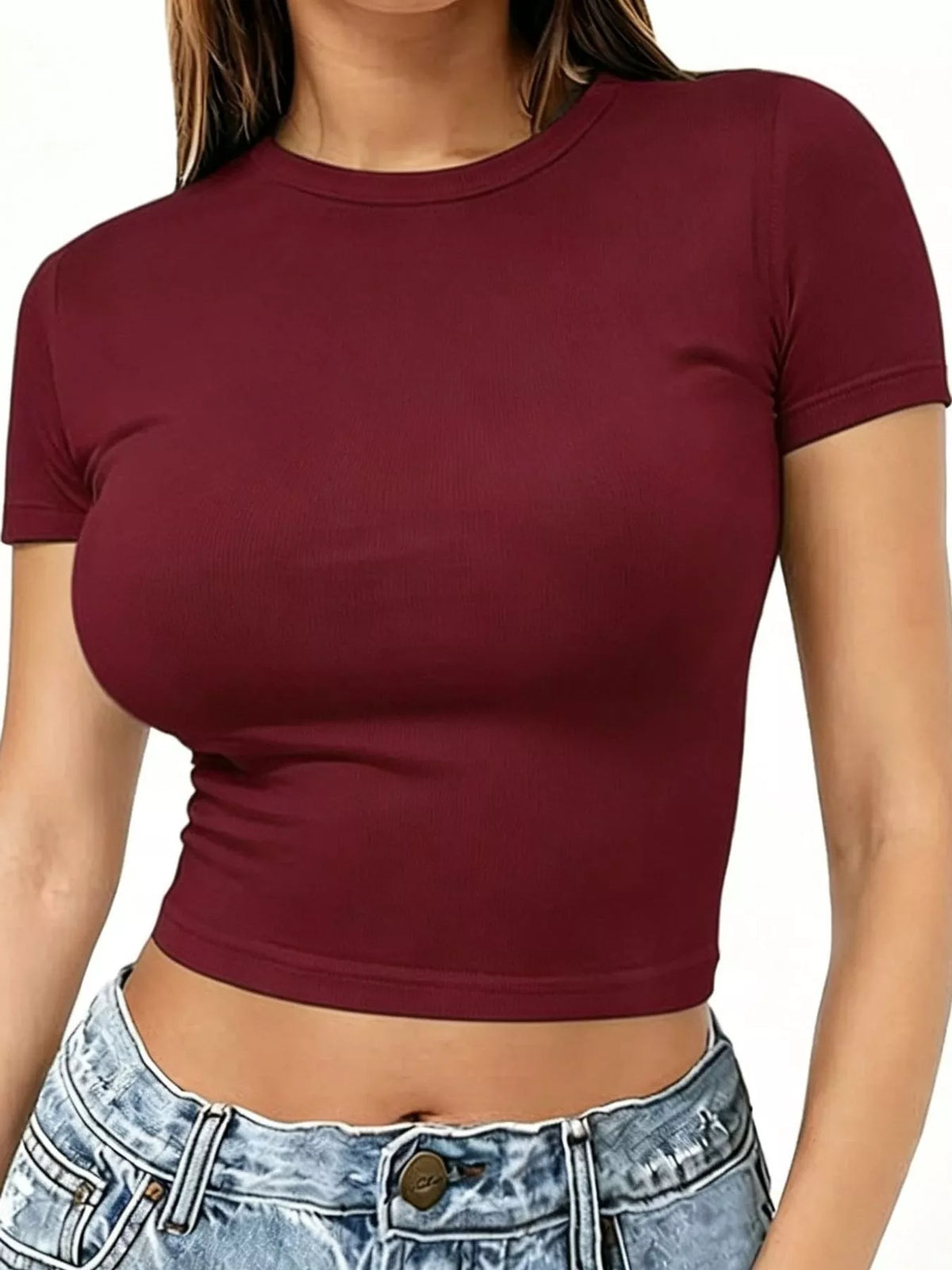 Burgundy crew neck crop T-shirt, front view