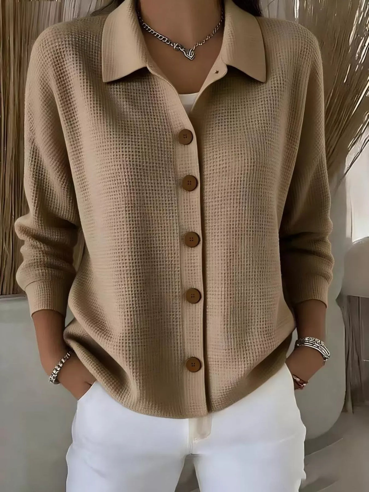 Waffle Knit Button-Down Shirt — front view