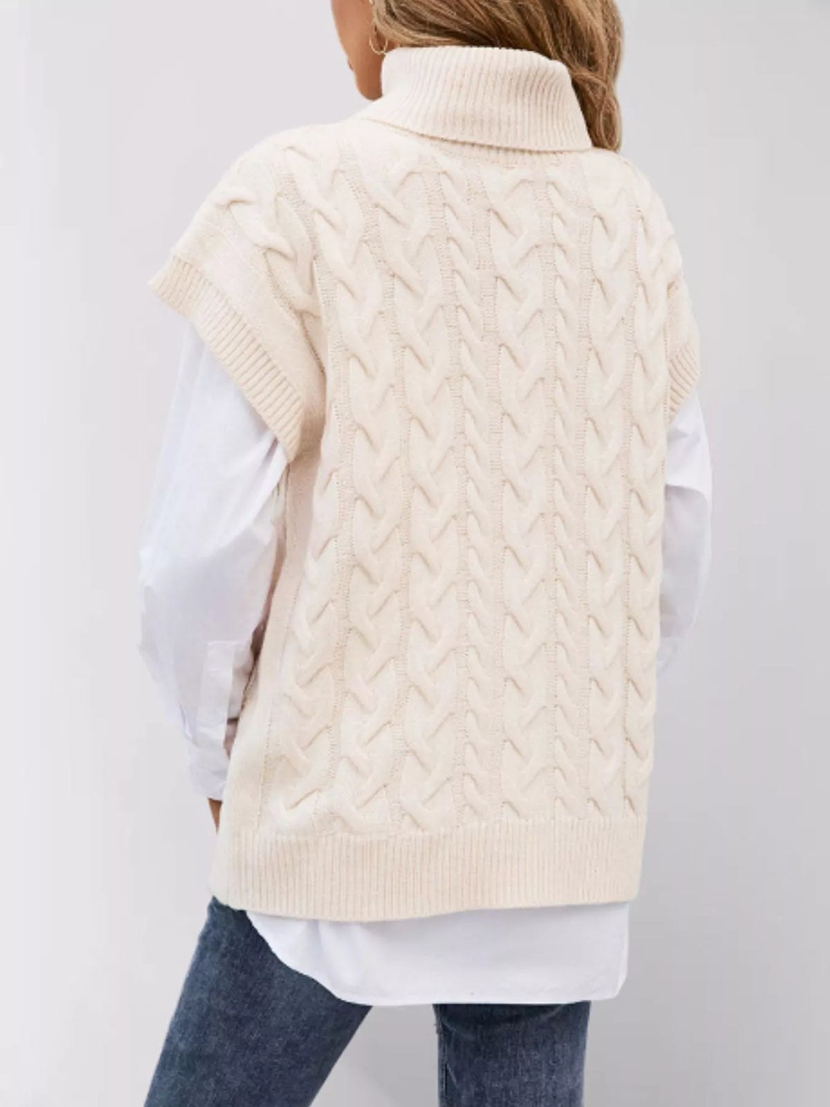Trendsi Chunky Knit Turtleneck Cap Sleeve Sweater -