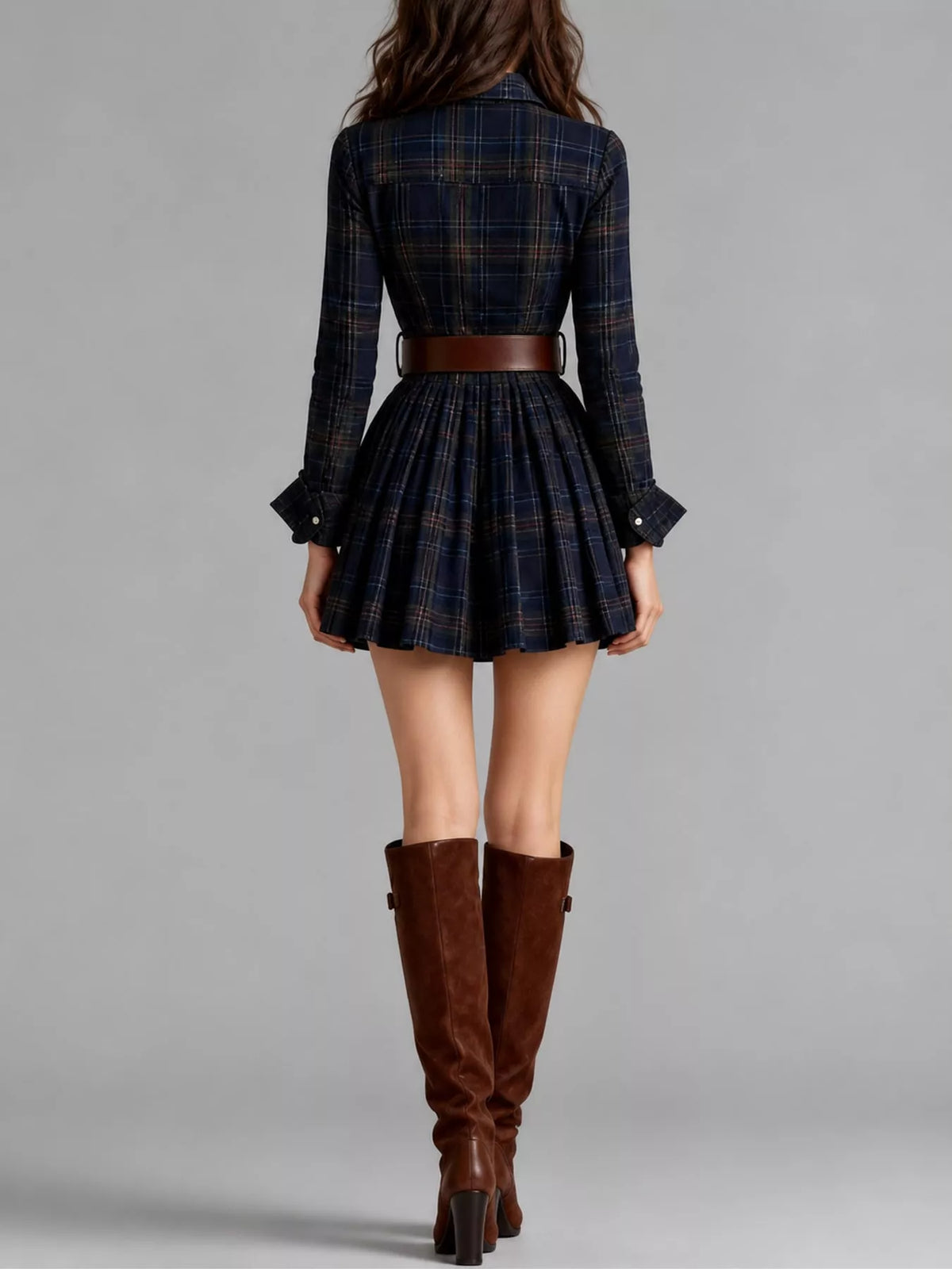 Navy plaid shirt dress, back view