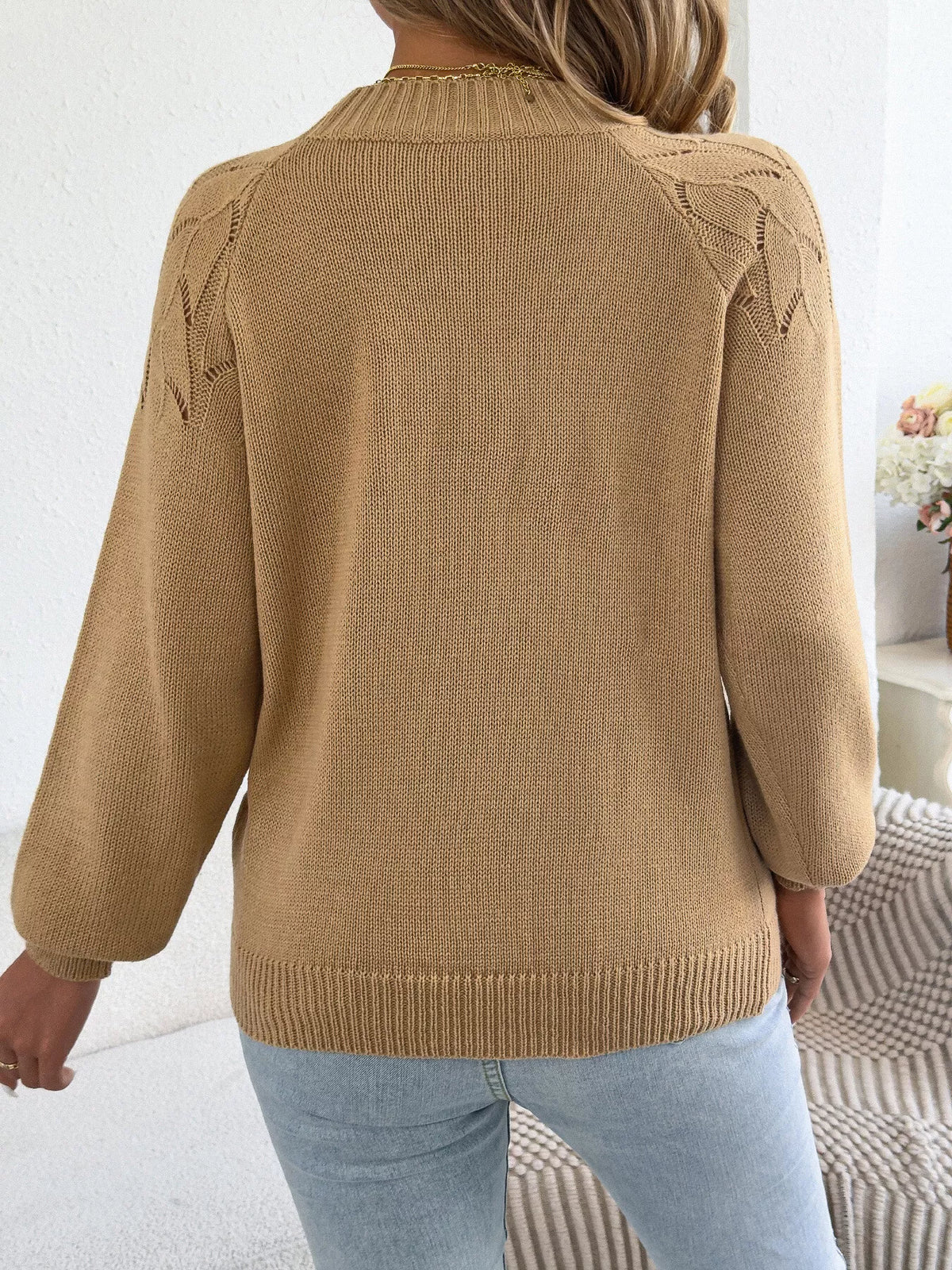 Openwork crew neck sweater, back view