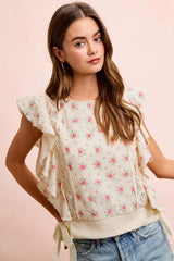 Trendsi BiBi Flower Printed Ruffle Sleeve Trim Detail Top -
