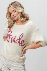 Trendsi BiBi Metallic Letter Short Puff Sleeve Hairy Sweater -