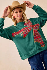 Trendsi BiBi Plaid Ribbon Bow Detail Christmas Fleece Pullover -