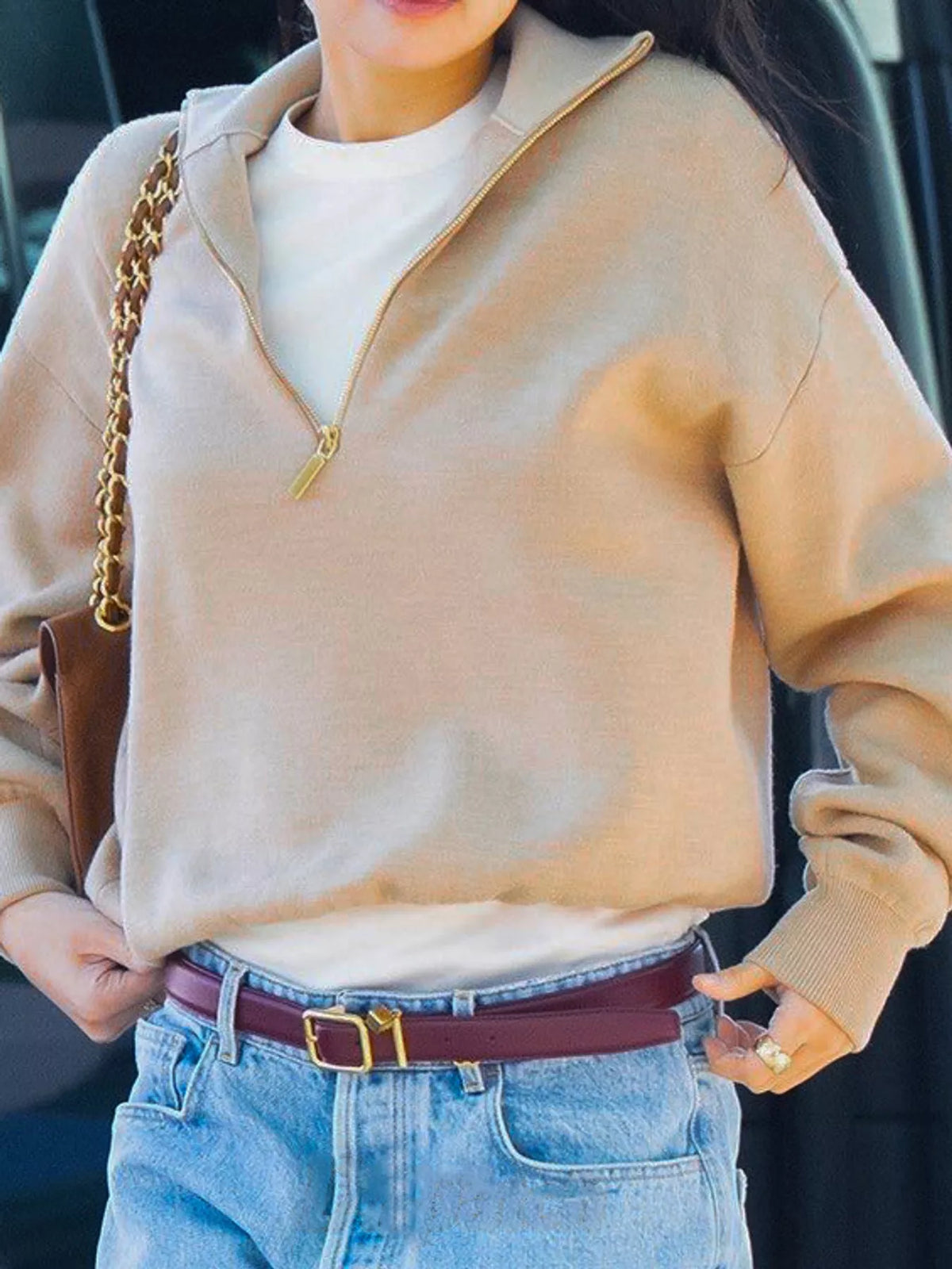 Women's Half-Zip Dropped Shoulder Sweater in beige — front view