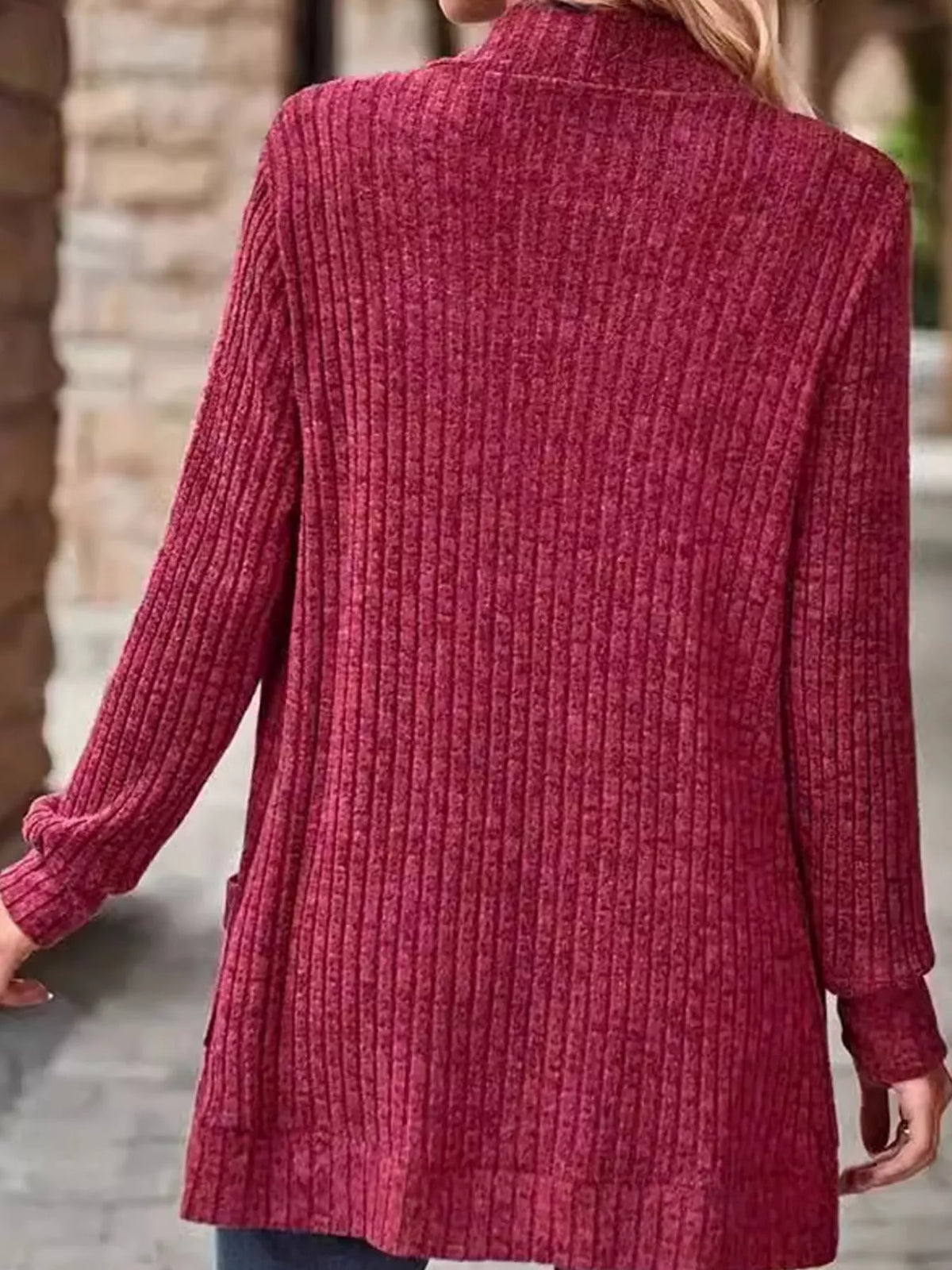 Ribbed Knit Open Front Cardigan with Pockets — back view