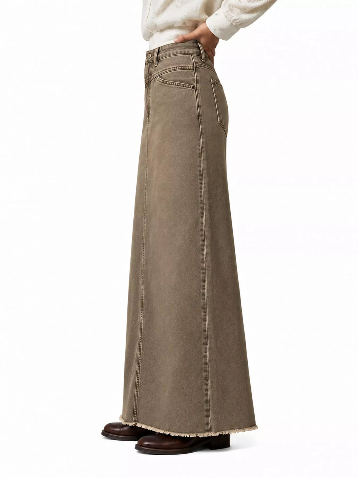 Raw Hem Maxi Denim Skirt — side view