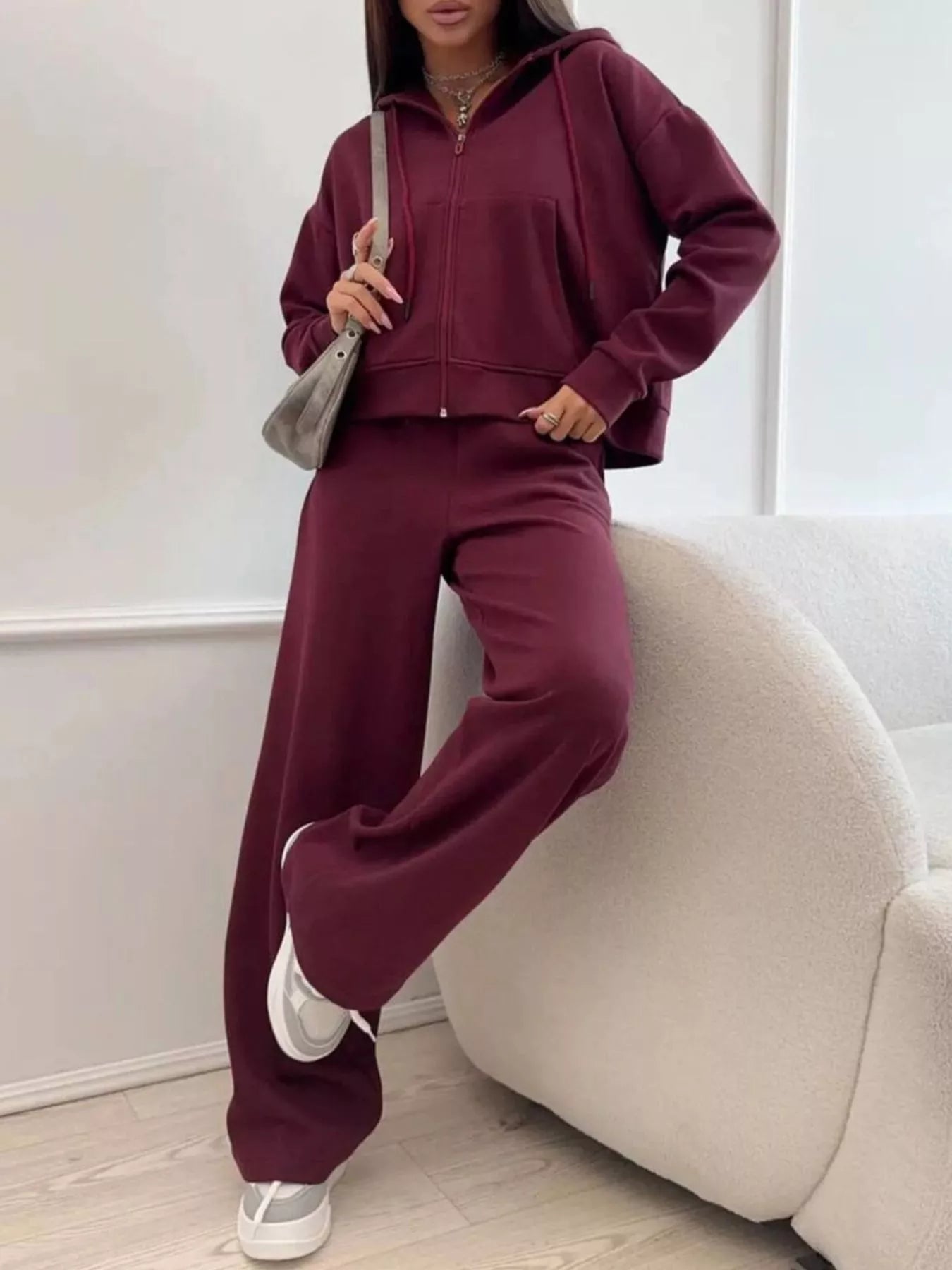 Trendsi Zip-Up Hoodie and Wide-Leg Pants Set -