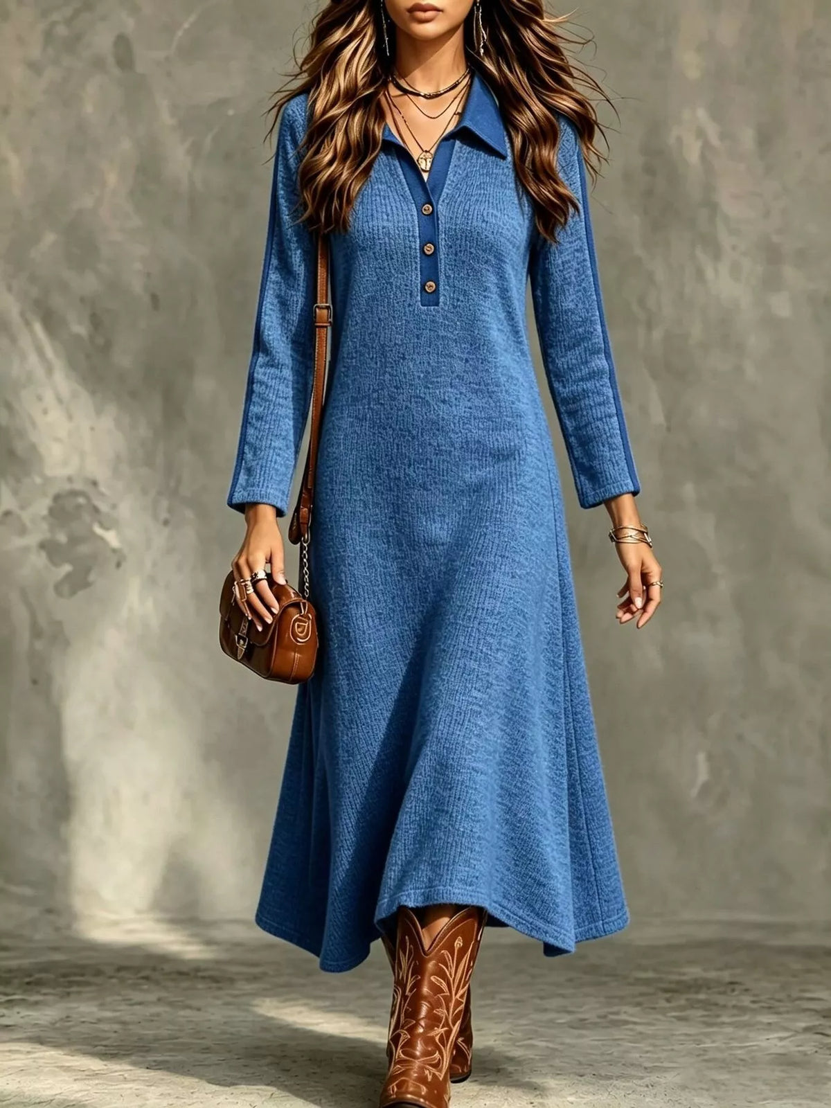 Colorblock Polo Collar Long Sleeve Sweater Dress — front view