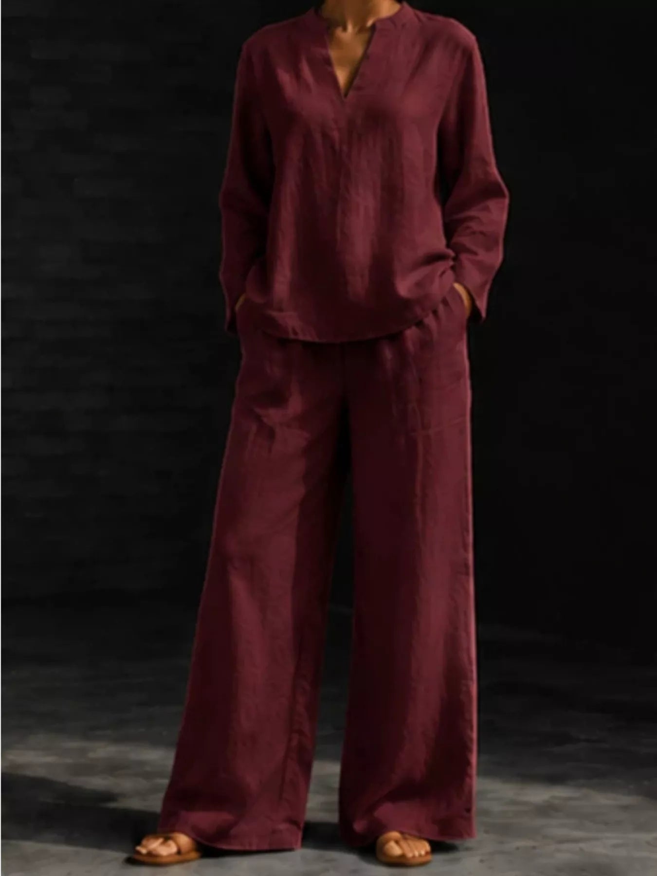 Trendsi Notched Long Sleeve Top and Pants Set -