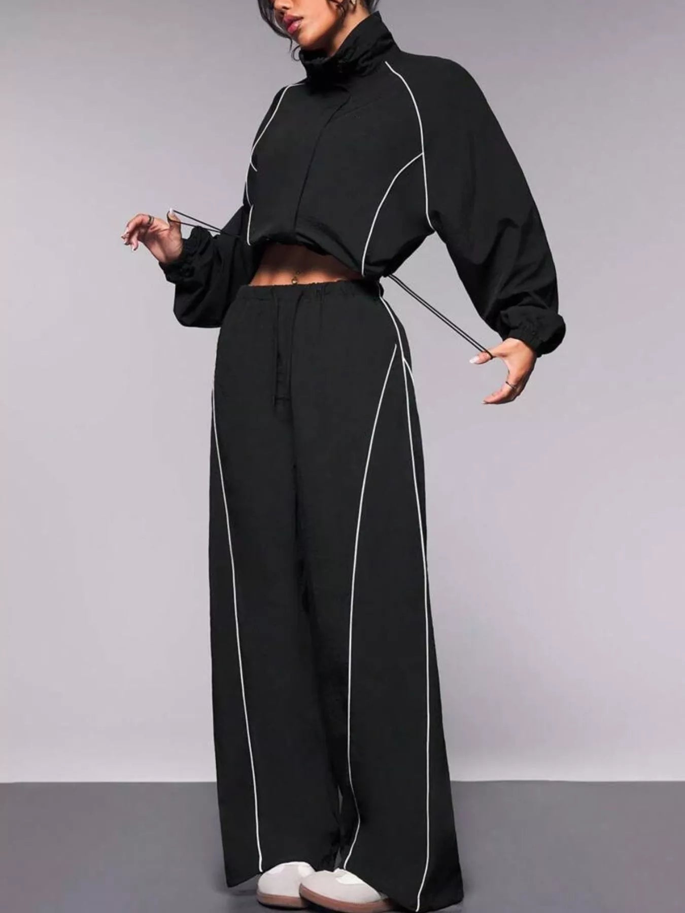 Trendsi Crop Jacket and Wide-Leg Pants Set -