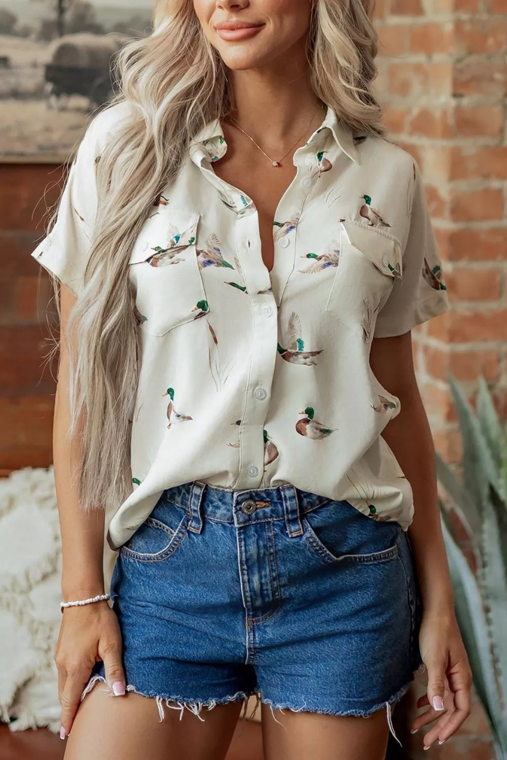 Trendsi Mallard Printed Button Flap Pocket Short Sleeve Shirt -