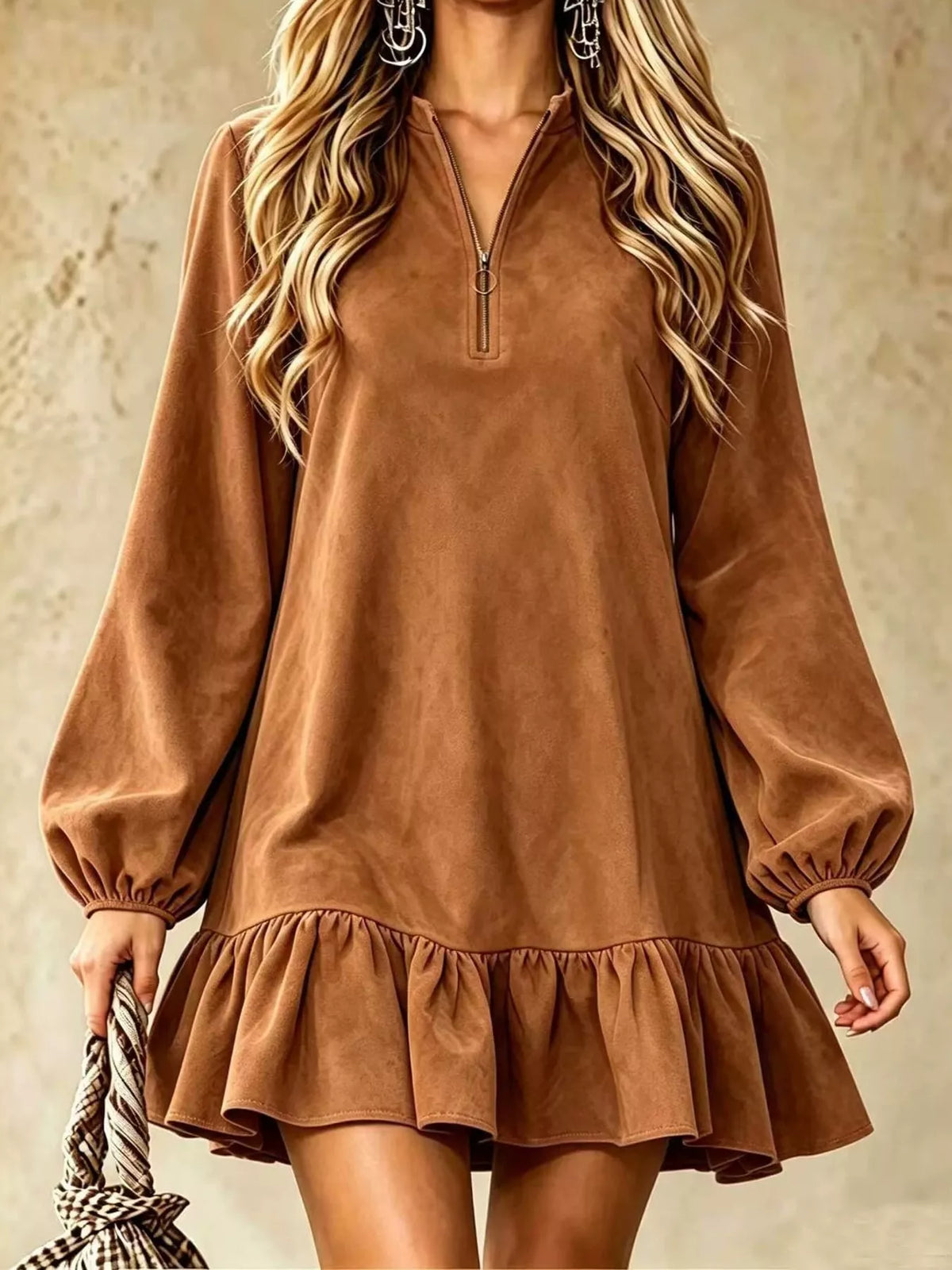 Quarter-zip dress, brown front